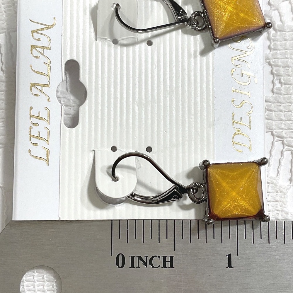 Lee Alan Designs Silver Tone Earrings Square Amber Dangle Lever Back Jewelry - Picture 3 of 6